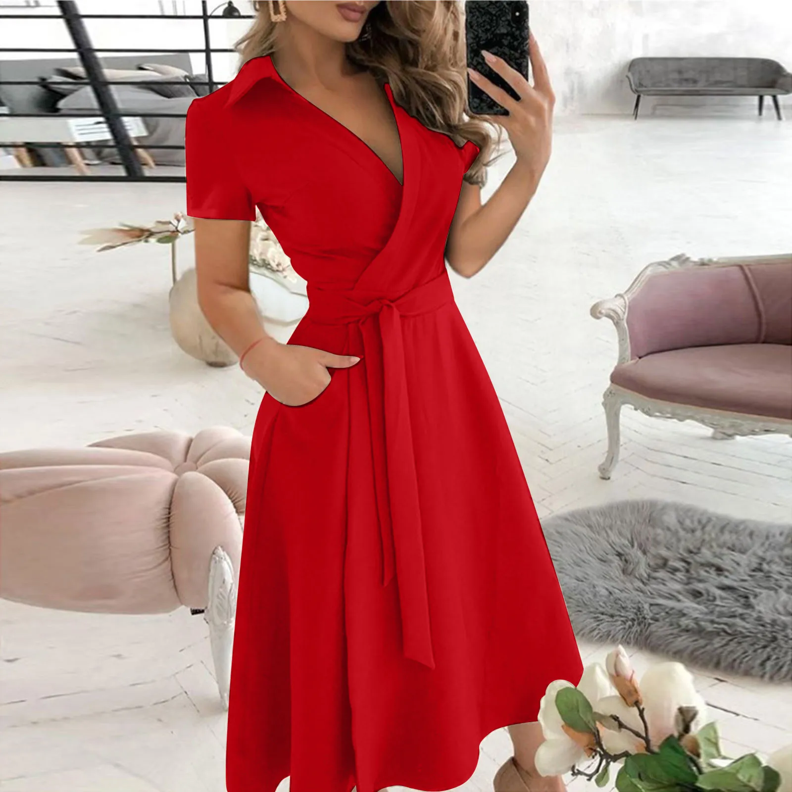 Women'S Red Formal Wear - 봄 여름 패션 사무실 셔링 드레스