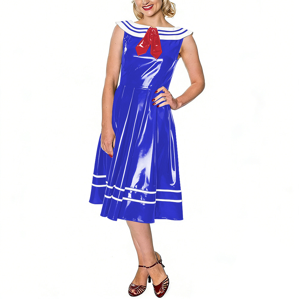 Midi Dress - 여성용 빈티지 세일러 드레스, 광택 가죽