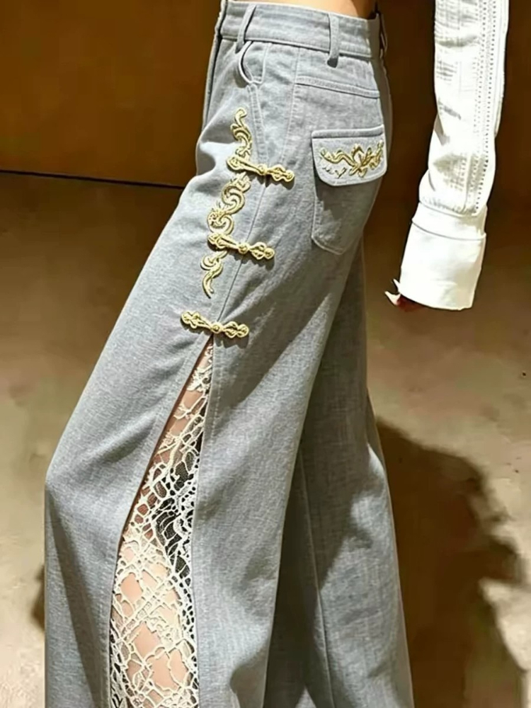 맞춤형 그레이 우아한 하이웨이스트 레이스 패치워크 자수 - Tailored Trouser Wide 리뷰 및 가격