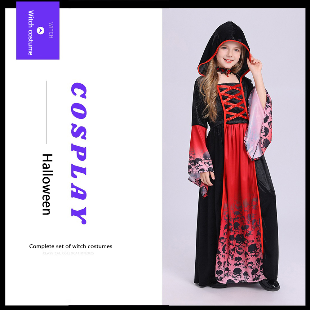 레드 블랙 마녀 코스튬 후드 롱 드레스 해골 프린트 레 - Women'S Red Formal Wear 리뷰 및 가격